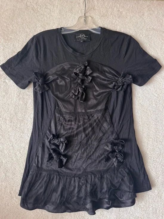 McQ Alexander McQueen Sheer Bow Mesh Overlay Ruffle Mixed Media Goth Shirt Top M - Picture 2 of 16